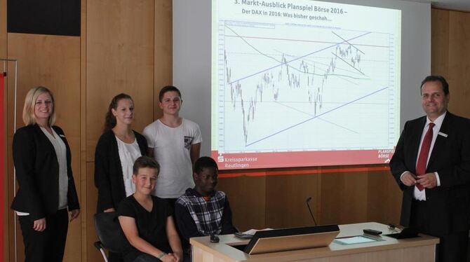 Selina Schenk (links)  und Benedetto Gianni (rechts) geben ZmS-Teilnehmern Tipps fürs Börsenplanspiel.