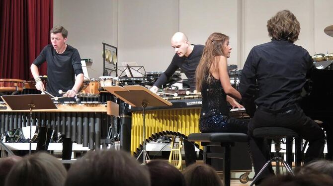 Rotierende Klangkraftfelder: Martin Grubinger (links) und  Alexander Georgiev an den Vibrafonen mit Ferhan und Ferzan (nicht im Bild) Önder an  den Klavieren.