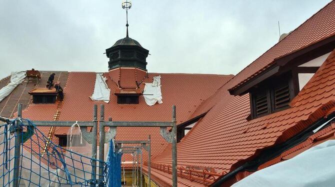 Die Dachflächen verlangen den Handwerkern einiges ab. Bereits saniert ist der  Dachreiter samt Turmzier, die  die Himmelsrichtun