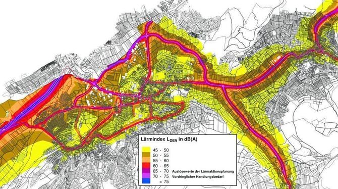 Die Lärmindex-Karte gibt einen guten Überblick über die Lärmbelastung im Stadtgebiet von Mössingen und die räumliche Ausbreitung
