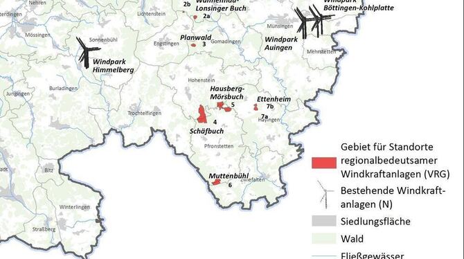 Zu den beiden bestehenden Windparks Himmelberg und Böttingen/Auingen  könnten sieben weitere im Kreis Reutlingen kommen. Das ach