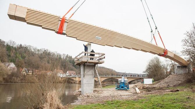 Mit Schwung und Stil über den Neckar: Schon bei der Anlieferung der ersten Holzelemente wurde deutlich: Die neue Fuß- und Radweg