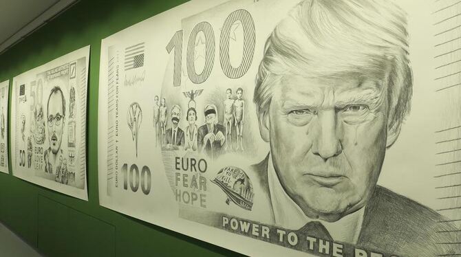 Markiewicz bringt Trump, Le Pen, Wilders und Petry per Zeichnung auf einen Euroschein.