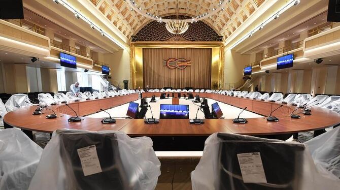 Das Kurhaus von Baden-Baden bereitet sich für das G20 Treffen der Finanzminister und Notenbankchefs vor.