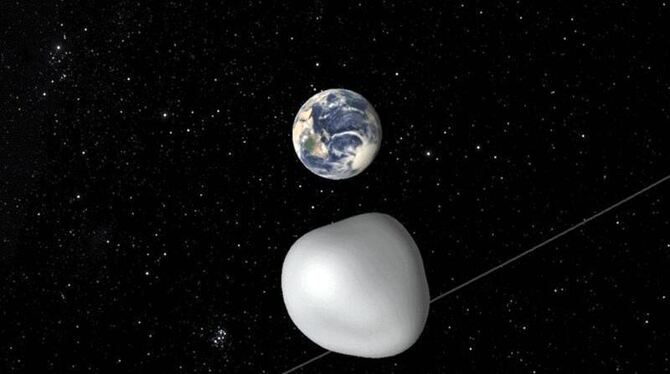 Videostandbild aus einer Nasa-Animation: Asteroid 2012 TC4 (vorn) beim Vorbeiflug an der Erde. Foto: NASA/JPL-Caltech