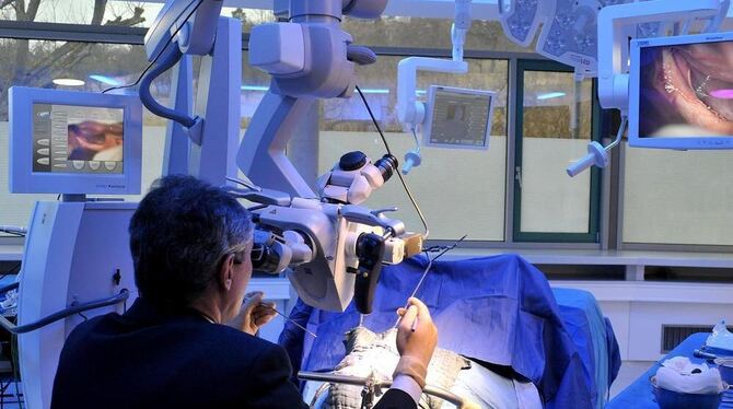 Neurochirurg Marcos Tatagiba nähert sich dem Sehnerv. Die Bilder vom Eingriff werden in den Hörsaal übertragen. FOTO: NIETHAMMER