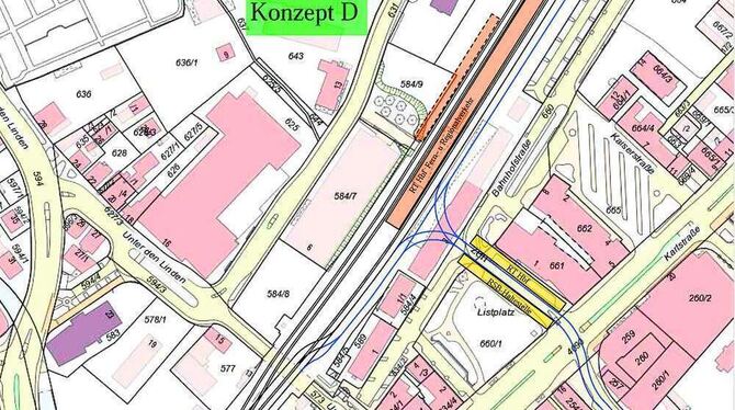 Das von der Stadtbahninitiative favorisierte »Konzept D« lässt die Stadtbahn auf Höhe der Gartenstraße abzweigen, mitten durchs