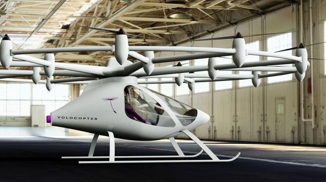ie Simulation der e-volo GmbH zeigt den Volocopter VC200. Der Prototyp des zweisitzigen Volocopters mit 18 Rotoren wird derzeit