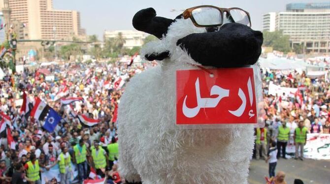 Ein Aktivist hält ein Schaf, dem eein Schild mit dem arabischen Schriftzug Irhal (Hau ab oder Verschwinde) umgehängt wurde. Die