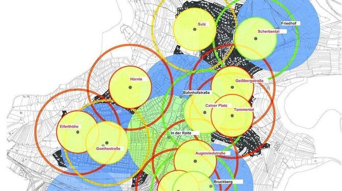 Spielplätze (gelbe Kreise mit 200- und 400-Meter-Radius) gibt es fast im ganzen Ort; aber nur die grünen Ränder signalisieren ei