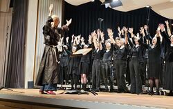 Mit Spaß dabei: Die Chorgemeinschaft Mössingen beim Auftritt im Quenstedt-Gymnasium.  FOTO: JOCHEN 