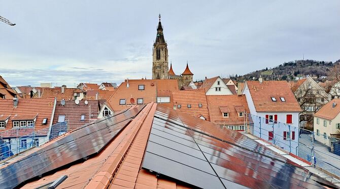 Die neue Photovoltaikanlage auf dem Dach des Matthäus-Alber-Hauses mit Blick auf die Marienkirche.   FOTO: BERTRAM/EVANGELISCHE