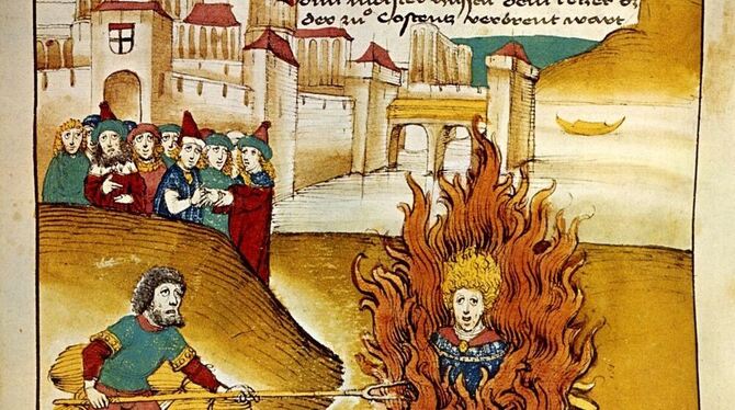 Das freie Geleit des Königs half ihm nichts: 1415 wurde Jan Hus in Konstanz als Ketzer verbrannt. Hier eine Buchmalerei aus der