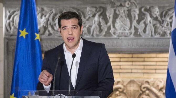 Regierungschef Tsipras spricht nach der Auszählung der Stimmen zum griechischen Volk. Foto: Andrea Bonetti / Prime Minister o