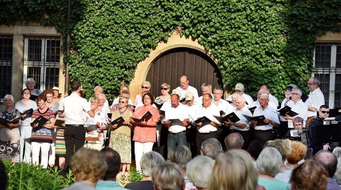 Abendmusik unter freiem Himmel: die Chorgemeinschaft Liedertafel Concordia im Heimatmuseumsgarten. GEA-FOTO: PACHER