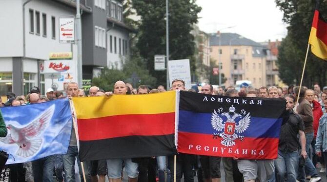Teilnehmer eines Rechten Aufmarsches in Heidenau. Foto: Sebastian Willnow, dpa