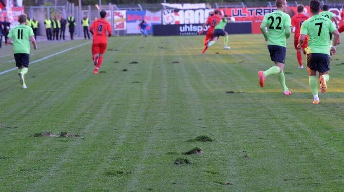 Die Spieler ärgern sich, die Zuschauer wundern sich – der Rasen im Kreuzeiche-Stadion ist ein Problemfall.  FOTOS: NIETHAMMER