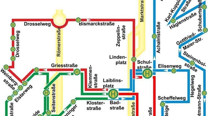 So sieht das neue Routen-Konzept des Pfullinger Bürgerbusses aus: Die Oststadt-Tour (blau) ist kürzer als bisher. Die Schleife d