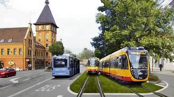 Wie kommt die Stadtbahn durch die Innenstadt? Die Visualisierung der Reutlinger Stadtplaner zeigt die Lederstraße als Variante z