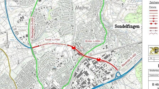 Die rote Linie zeigt die mögliche Neubaustrecke zwischen Efeuknoten (unten rechts) und B 464.  GRAFIK: REGIERUNGSPRÄSIDIUM