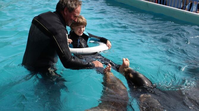 Unter Anleitung von Trainer Roland Duss spielen autistische Kinder der Tübinger Psychiatrie mit Seelöwen. GEA-FOTO: GOLZ Unter Anleitung von Trainer Roland Duss spielen autistische Kinder der Tübinger Psychiatrie mit Seelöwen. GEA-FOTO: GOLZ