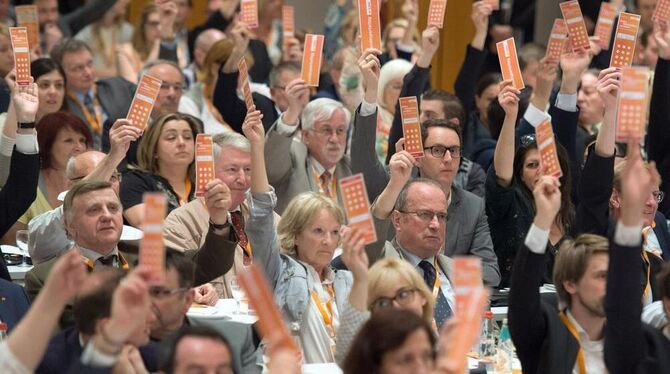 Delegierte stimmen beim Landesparteitag der baden-württembergischen CDU in Ludwigsburg über die Verabschiedung der grün-schwarze