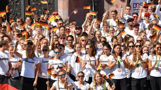 Willkommensfeier für die deutsche Olympia-Mannschaft in Frankfurt am Main. Foto: Arne Dedert