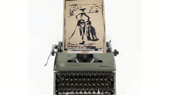 Fintenreich zum »selbstgetippten Picasso«: Plakatmotiv mit einer Fälschung von Elmyr de Hory in einer Schreibmaschine. FOTO: FÄL