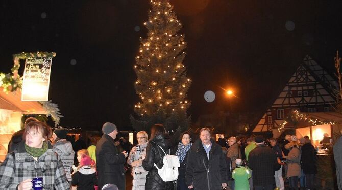 Der Lichterglanz des Weihnachtsdorfs auf dem Metzinger Kelternplatz erhellte die Dunkelheit und verstärkte die vorweihnachtliche
