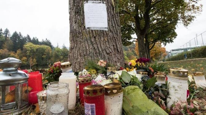 Blumen und Kerzen stehen in Freiburg vor einem Baum an der Dreisam wo die getötete Studentin gefunden wurde. Foto: Patrick Se
