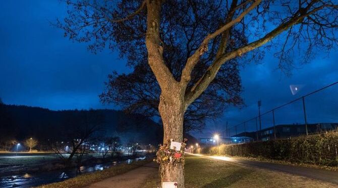 Blumen und Grablichter stehen an einem Baum in Freiburg, wo eine Studentin umgebracht wurde. Foto: Patrick Seeger