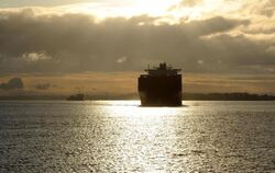 Ein Containerschiff fährt auf der Elbe von Hamburg kommend in Richtung Nordsee. Der Strom soll vertieft werden, damit die imm