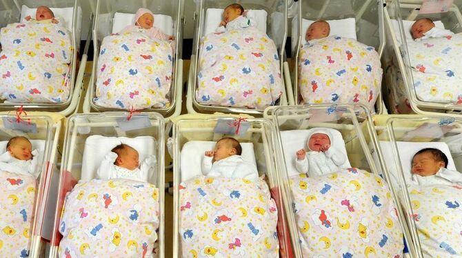 Neugeborene in ihren Bettchen auf einer Geburtsstation.