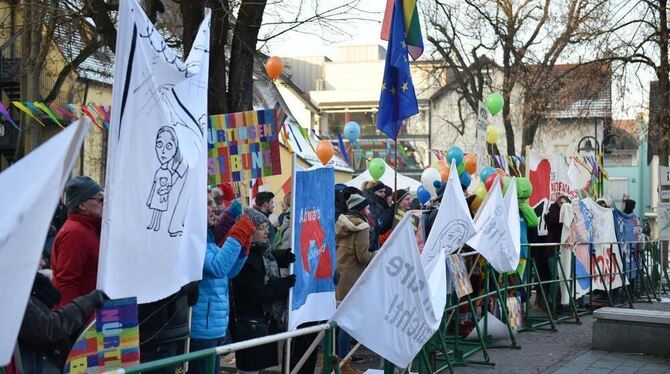 Demonstranten halten bei der Gegendemonstration zum Landesparteitag der Alternative für Deutschland (AfD) in Nürtingen Banner ho