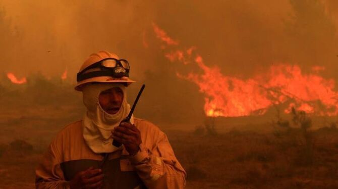 Ein Feuerwehrmann steht vor den lodernden Flammen des brennenden Waldes in Empedrado. Foto: Mario Davila/Agenciauno Ein Feuerwehrmann steht vor den lodernden Flammen des brennenden Waldes in Empedrado. Foto: Mario Davila/Agenciauno