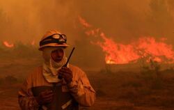 Ein Feuerwehrmann steht vor den lodernden Flammen des brennenden Waldes in Empedrado. Foto: Mario Davila/Agenciauno