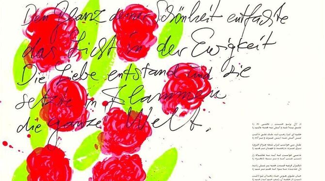 Ein Blatt mit Rosenblüten aus Günther Ueckers Hafez-Zyklus. FOTO: GRAFFITI