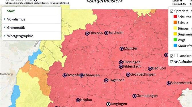 Sprachatlas-Screenshot (Ausschnitt) zum Begriff »Bürgermeister«. Foto: VEY