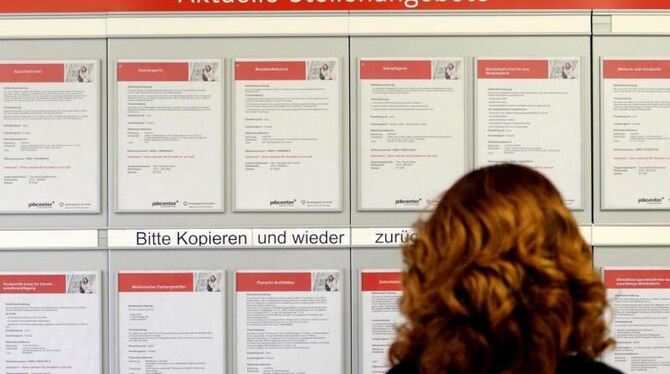Eine Frau betrachtet in einer Arbeitsagentur aktuelle Stellenangebote. Foto: Ralf Hirschberger / Illustration
