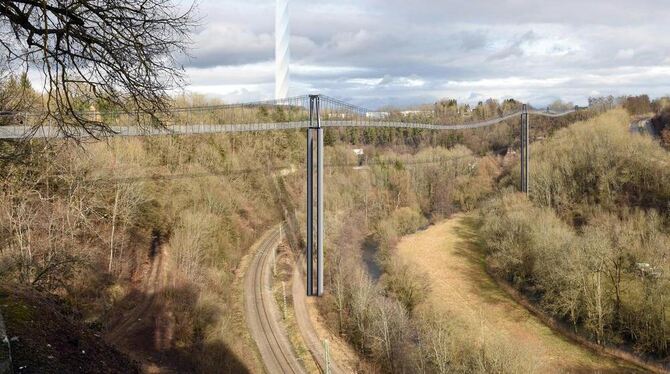 Auf einer Computergrafik sind die Pläne einer der weltweit längsten Fußgänger-Hängebrücken visualisiert. Foto: Eberhardt Günter/