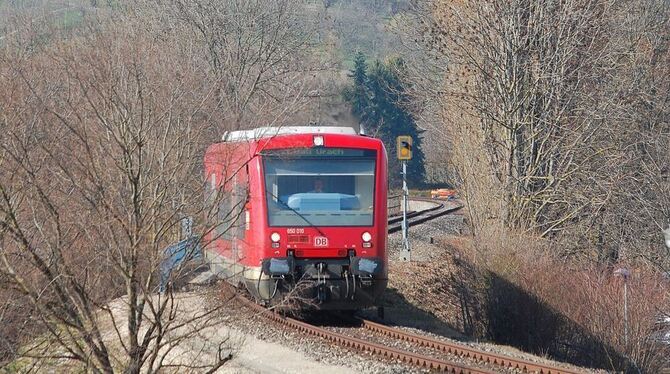 Ein Zug der Ermstalbahn fährt  nach Dettingen ein.