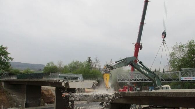 Abriss der  alten Feldwegbrücke über die B 312 bei Neckartenzlingen. Laut Regierungspräsidium Stuttgart liegen die Arbeiten voll