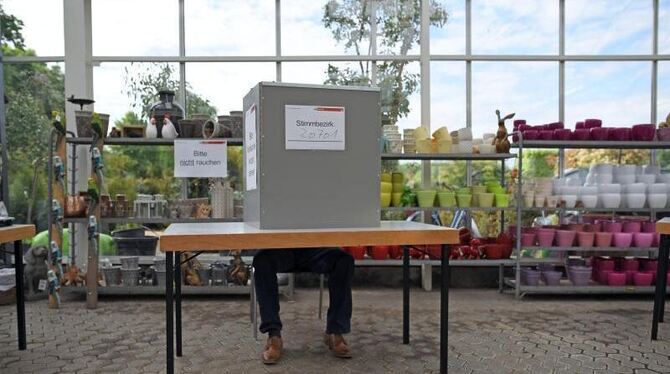 Sag's mit Blumen: Ein Wähler gibt in einem Wahllokal in einer Gärtnerei in Köln seine Stimme ab. Foto: Henning Kaiser