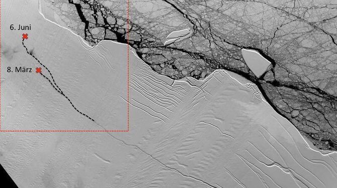 Satellitenbild vom März 2017 mit der ganzen Länge des Risses des Larsen-C-Schelfeises. Wann der Koloss sich vom Schelfeis lös