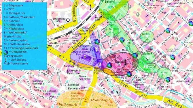 Der Ausbauplan für die Innenstadt: Als Erstes  wird der  Bürgerpark ans WLAN-Netz gehängt. GRAFIK:STADT