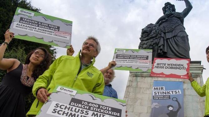 Aktivisten demonstrieren in München gegen die Umweltverschmutzung durch Dieselabgase. Foto: Peter Kneffel