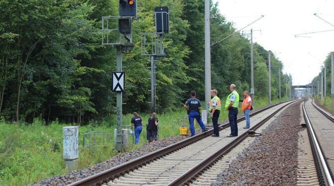 Mitarbeiter der Bahn und der Polizei untersuchen eine Signalanlage bei Berlin. Unbekannte hatten sie in Brand gesetzt. Foto: