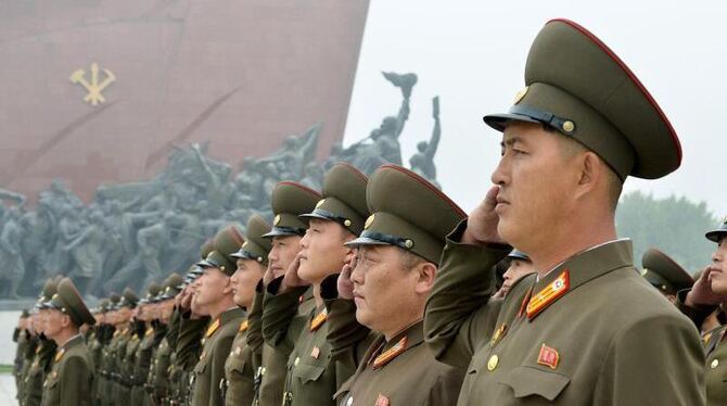 Nordkoreanische Soldaten salutieren vor dem Großmonument Mansudae in Pjöngjang. Foto: Kyodo News