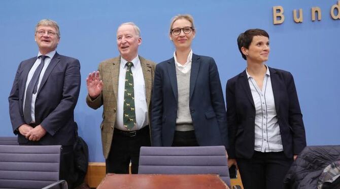 Jörg Meuthen, Alexander Gauland, Alice Weidel und Frauke Petry während der Bundespressekonferenz in Berlin. Foto: Michael Kap