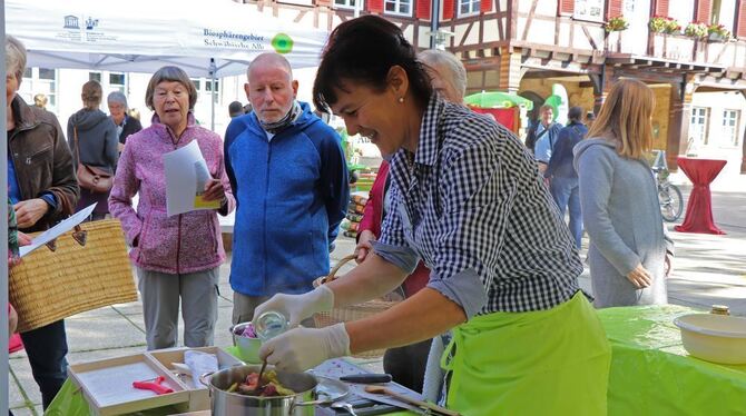 Schauküche auf dem Rathausplatz: Pia Münch bereitet   vor Besuchern  den Sud fürs spätere Einkochen von Gemüse zu. FOTO: BLOCHIN